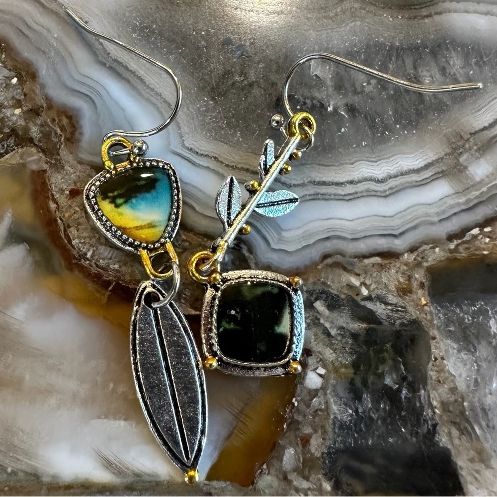 3024 Artistic Gold and Silver Leaf Asymmetrical Earrings